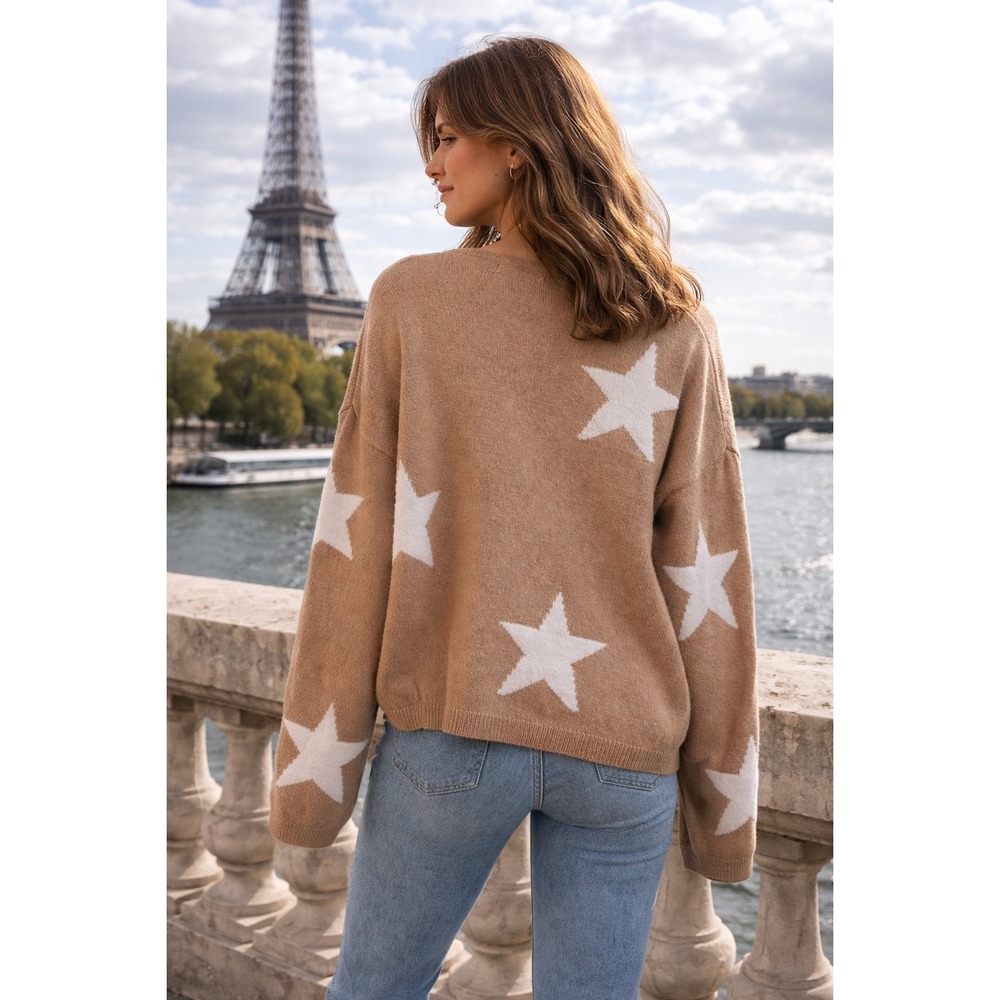 Womans Medium Talulah Beige Sweater Stars Pattern Flared Sleeves Y2k Trendy